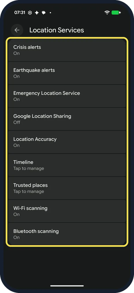 Android screenshot: Check the services
