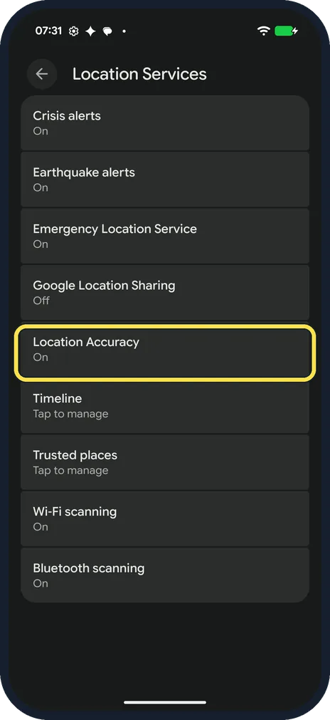 Android screenshot: Location Accuracy