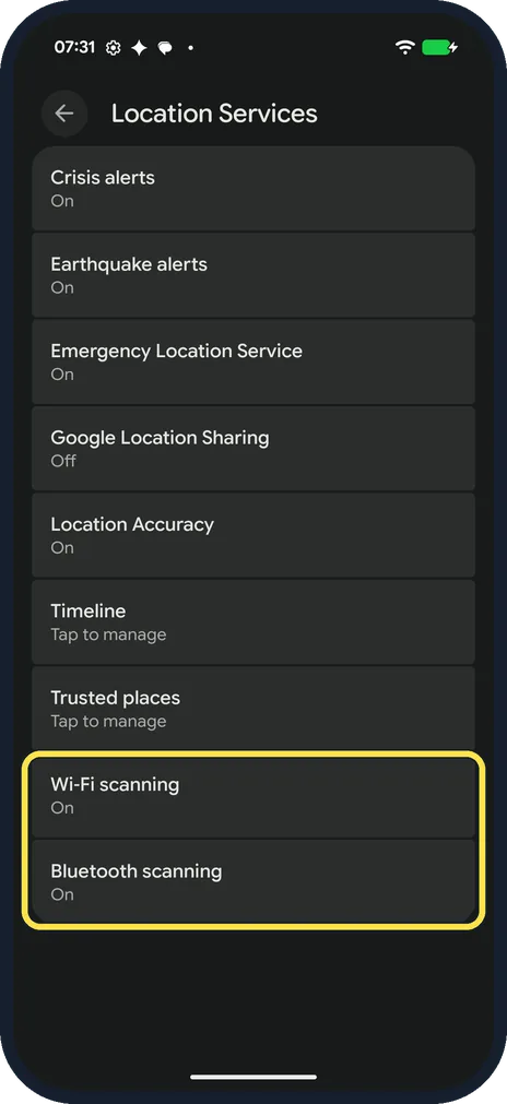 Android screenshot: Wi-Fi and Bluetooth scanning