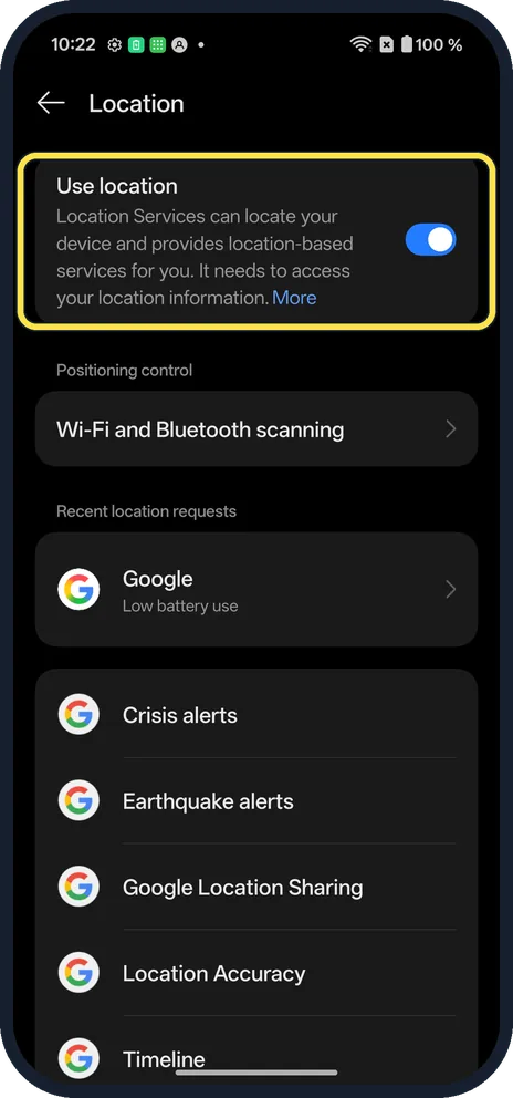 Android screenshot: Open Location