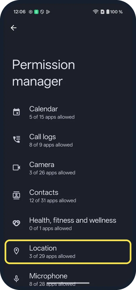 Android screenshot: Open Permission manager