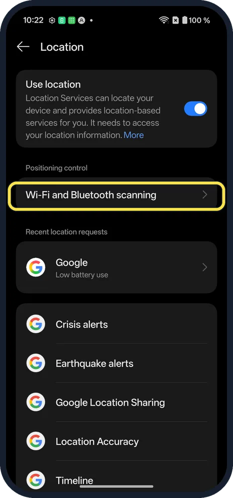 Android screenshot: Tap Wi-Fi and Bluetooth scanning