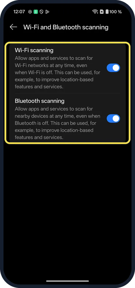 Android screenshot: Check both switches