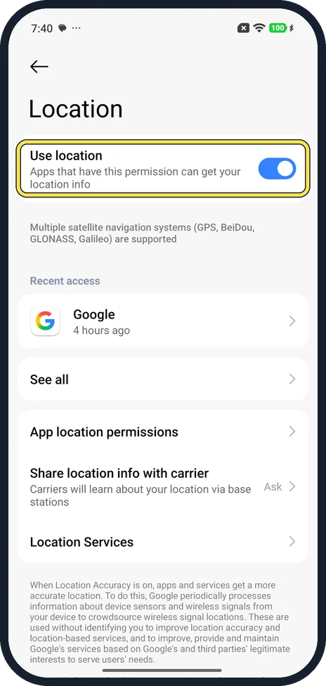 Android screenshot: Turn Use location on or off