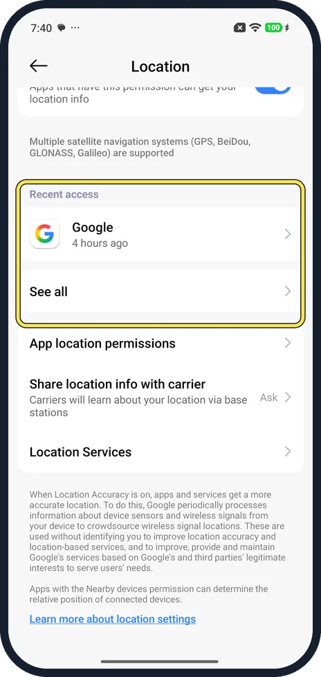 Android screenshot: Check Recent access