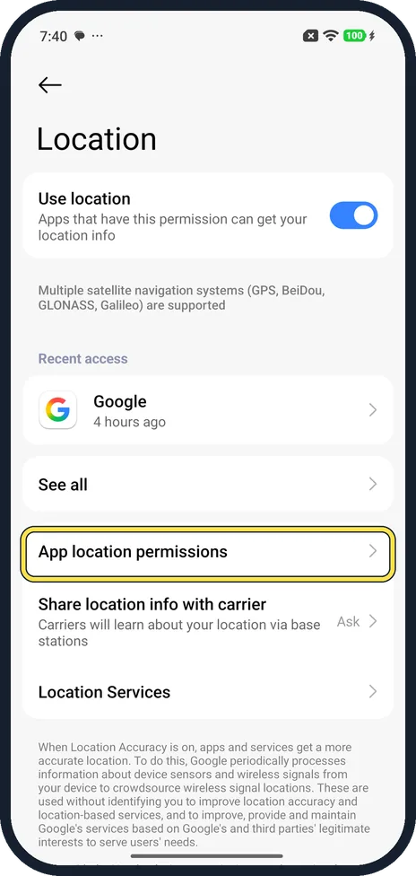 Android screenshot: Open App location permissions