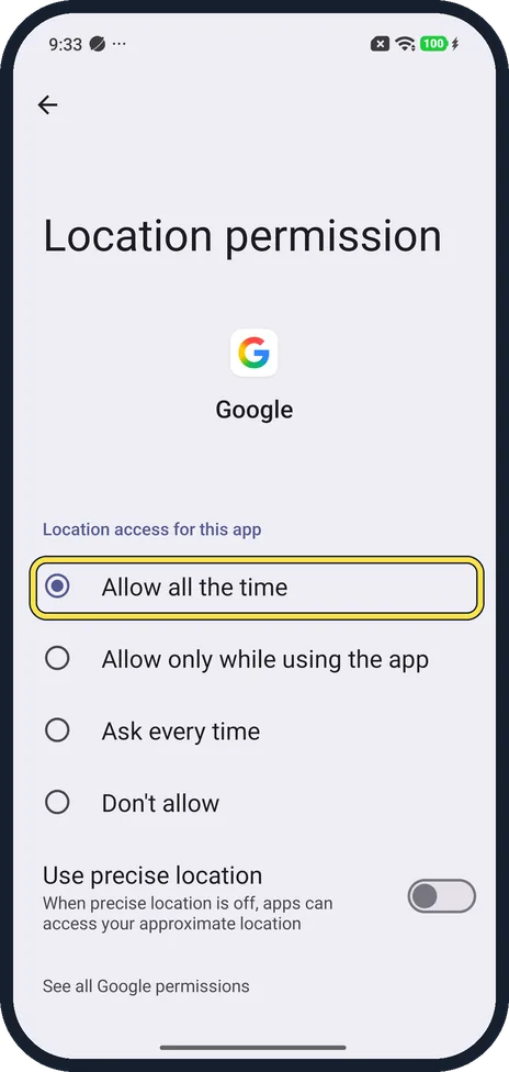 Android screenshot: Allow all the time, for some apps