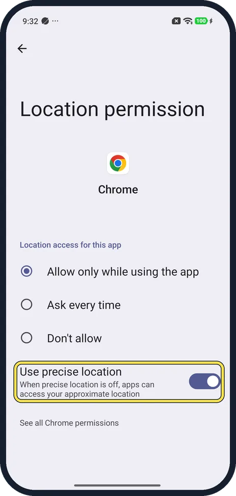 Android screenshot: Use precise location