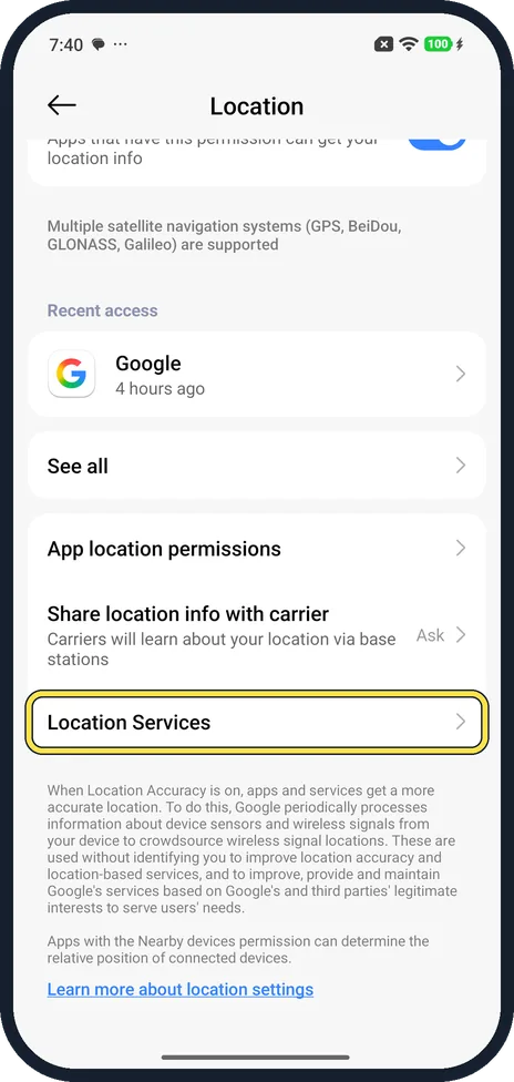 Android screenshot: Open Location Services