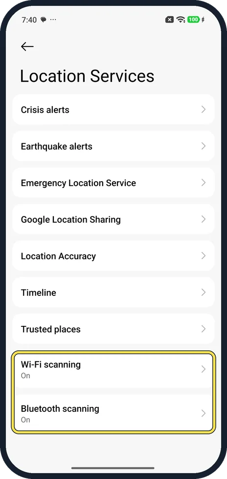 Android screenshot: Wi-Fi and Bluetooth scanning
