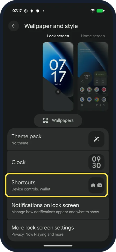 Android screenshot: Tap Shortcuts