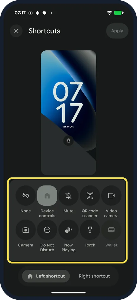 Android screenshot: Pick a shortcut