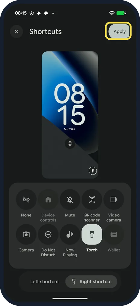Android screenshot: Tap Apply