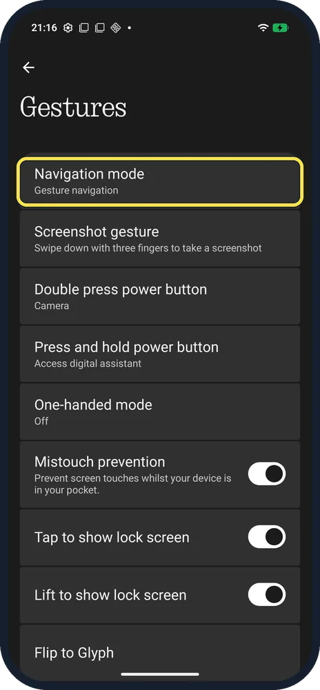 Android screenshot: Tap Navigation mode