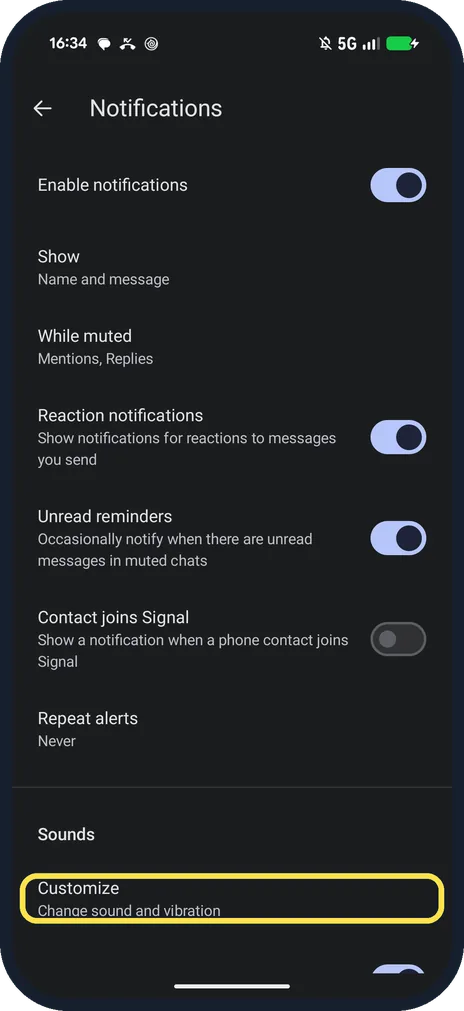 Android screenshot: Switch off Enable notifications, or scroll to Customize