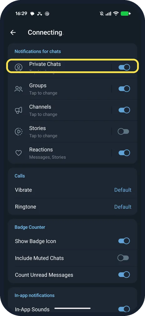 Android screenshot: Switch a chat type off, or tap it