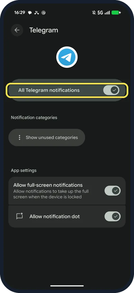 Android screenshot: Turn off all Telegram notifications