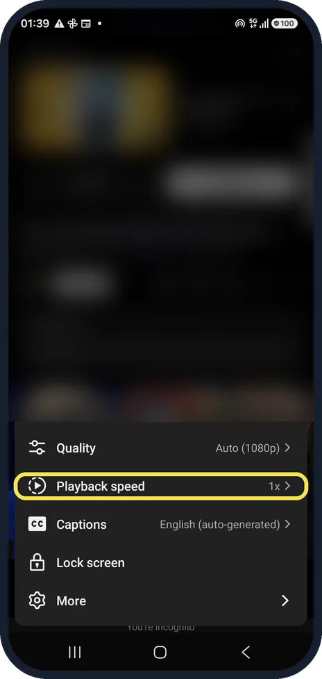 Android screenshot: Tap Playback speed