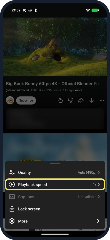 Android screenshot: Tap Playback speed