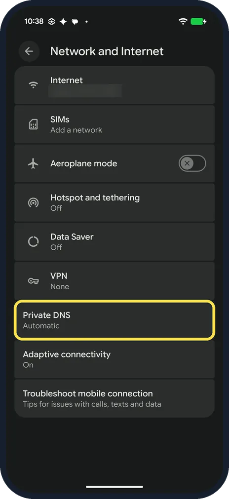 Android screenshot: Tap Private DNS