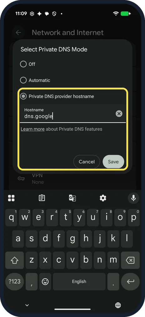 Android screenshot: Type a hostname and tap Save