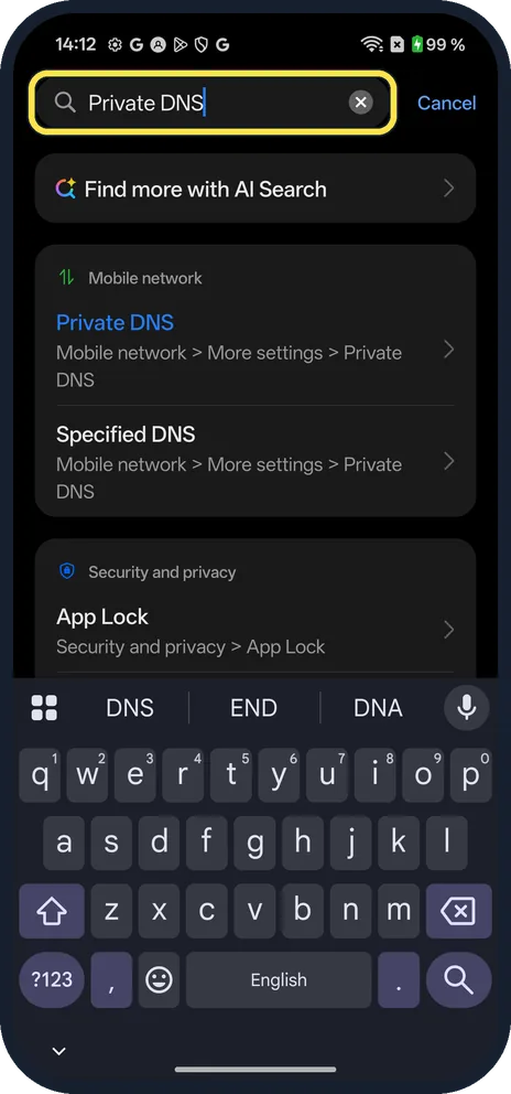 Android screenshot: Search Settings