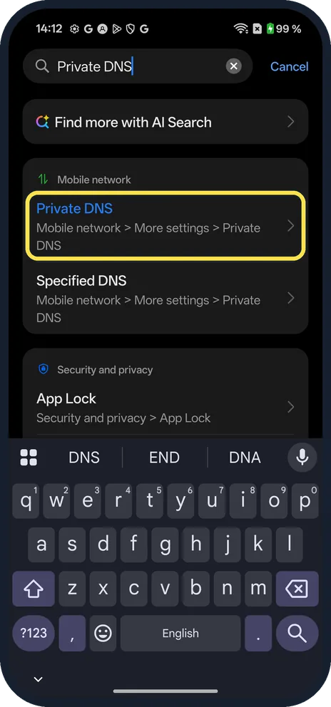 Android screenshot: Tap the Private DNS result