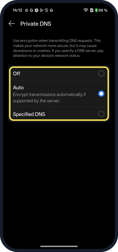 Android screenshot: Choose Off, Auto or Specified DNS