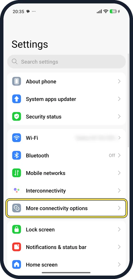 Android screenshot: Open More connectivity options