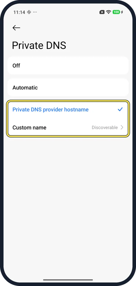 Android screenshot: Tap Private DNS provider hostname
