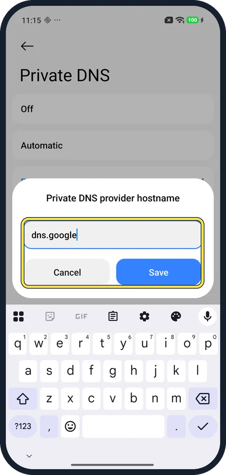 Android screenshot: Type the hostname and tap Save
