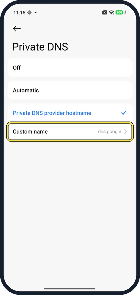 Android screenshot: Check Custom name