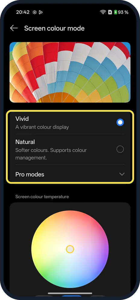 Android screenshot: Choose a colour mode
