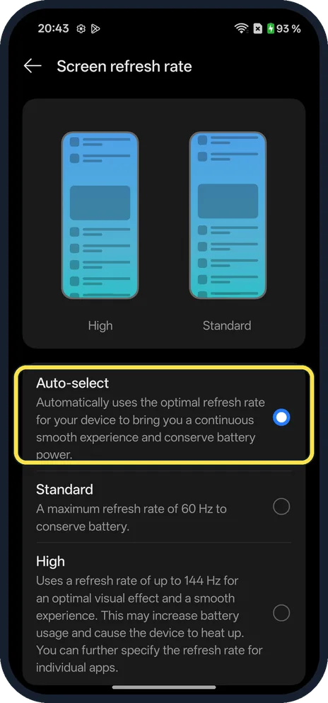 Android screenshot: Choose a refresh rate