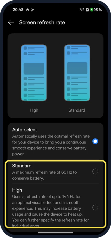 Android screenshot: Or fix it at 60 or 144 Hz