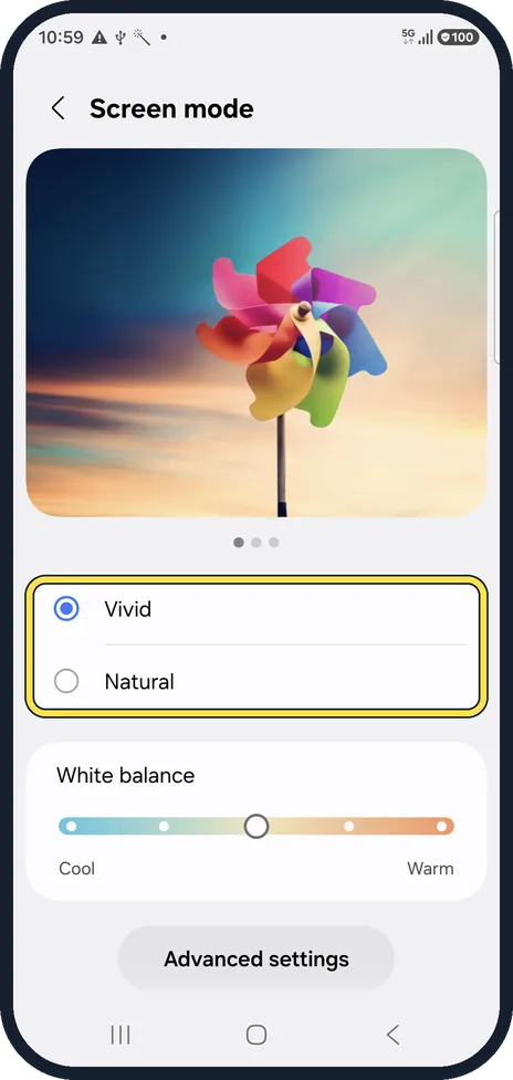 Android screenshot: Choose Vivid or Natural
