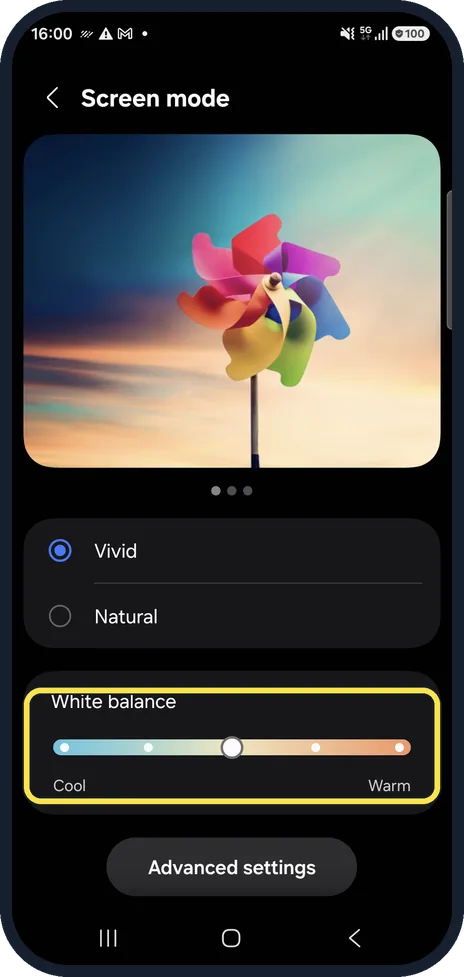Android screenshot: Adjust White balance