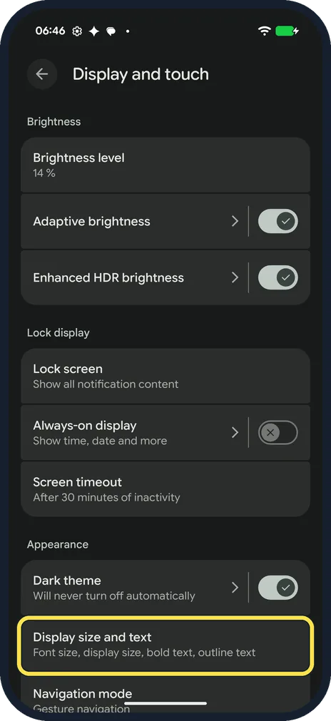 Android screenshot: Open Display size and text