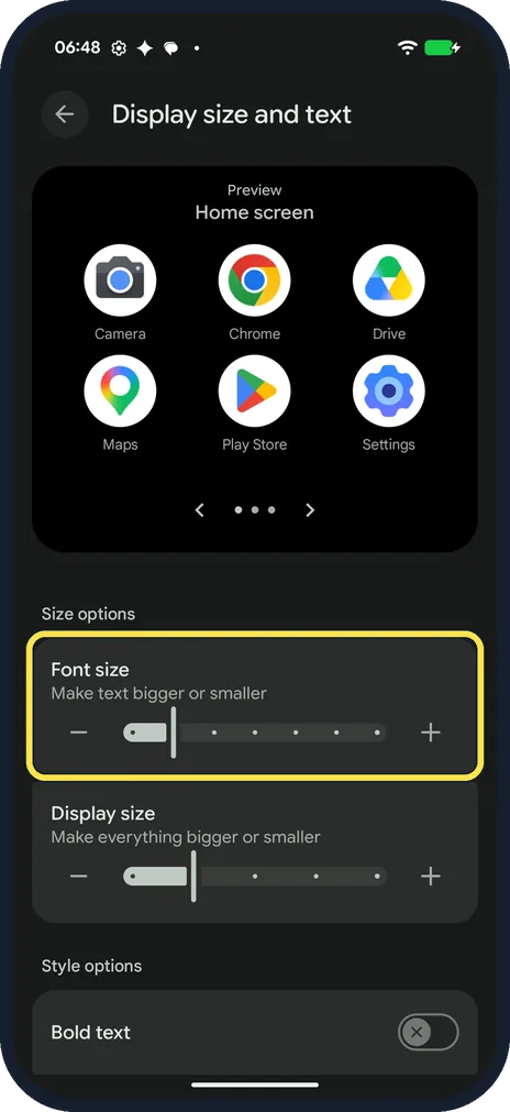 Android screenshot: Move the Font size slider