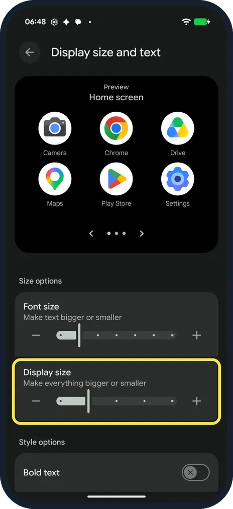 Android screenshot: Move the Display size slider