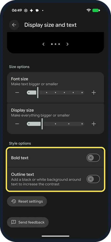 Android screenshot: Bold text and Outline text