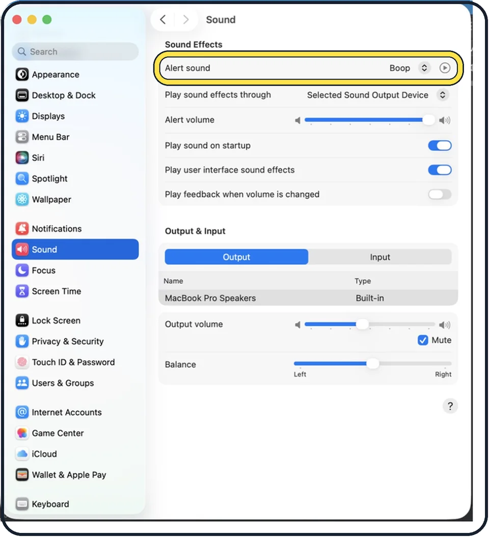 Mac screenshot: Choose the alert sound
