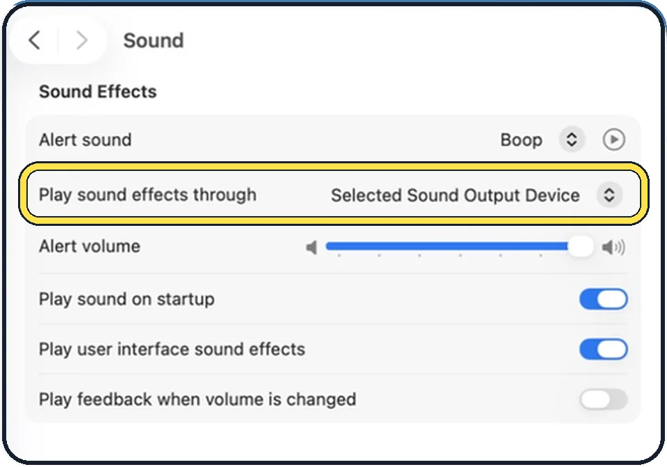 Mac screenshot: Choose where alerts play