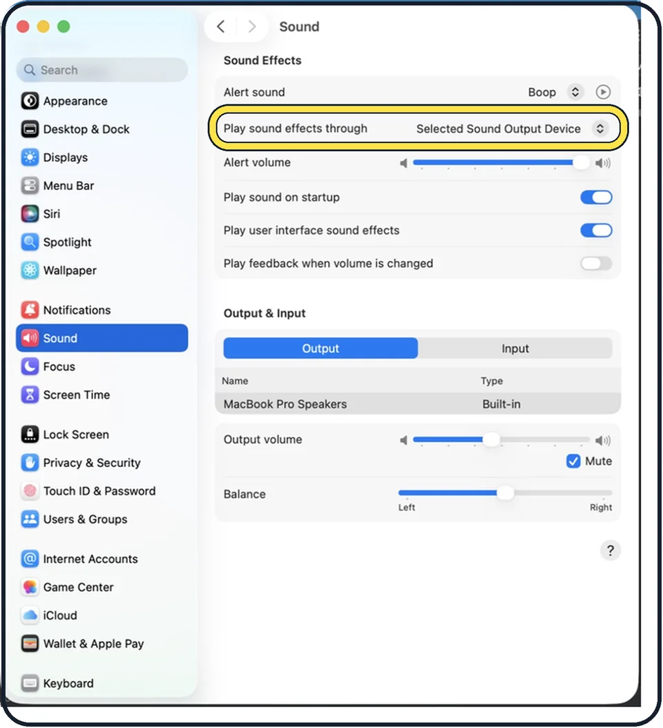 Mac screenshot: Choose where alerts play