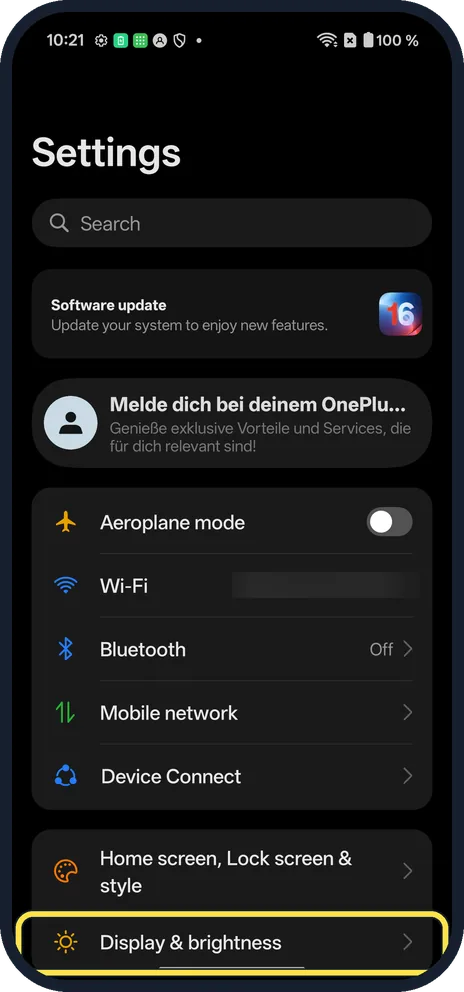 Android screenshot: Open Display & brightness