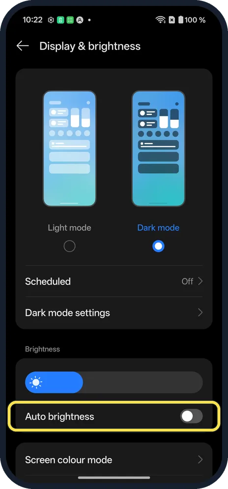 Android screenshot: Turn off Auto brightness