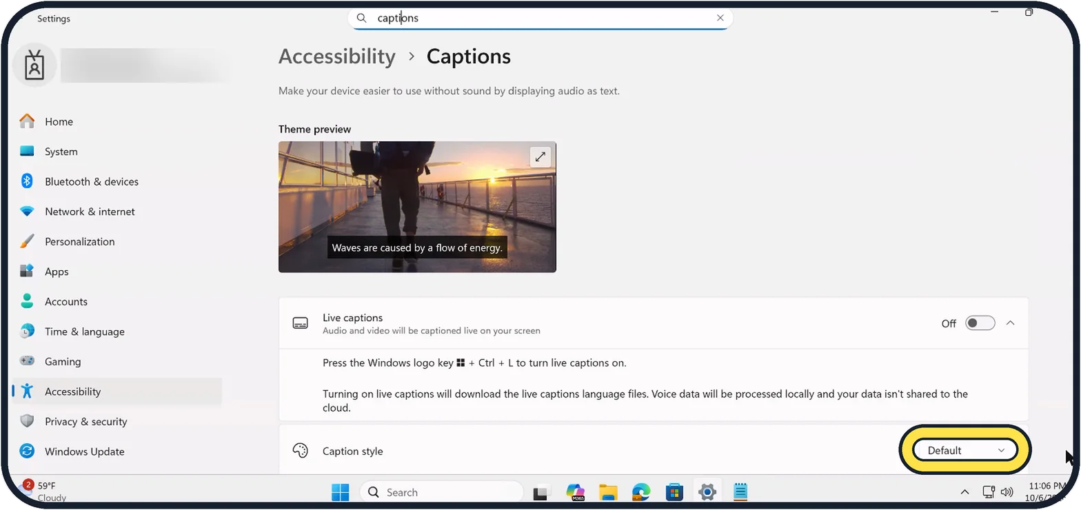 Windows screenshot: Open Caption style