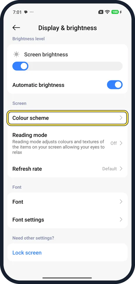 Android screenshot: Open Colour scheme