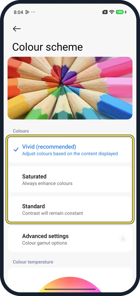 Android screenshot: Pick the colours