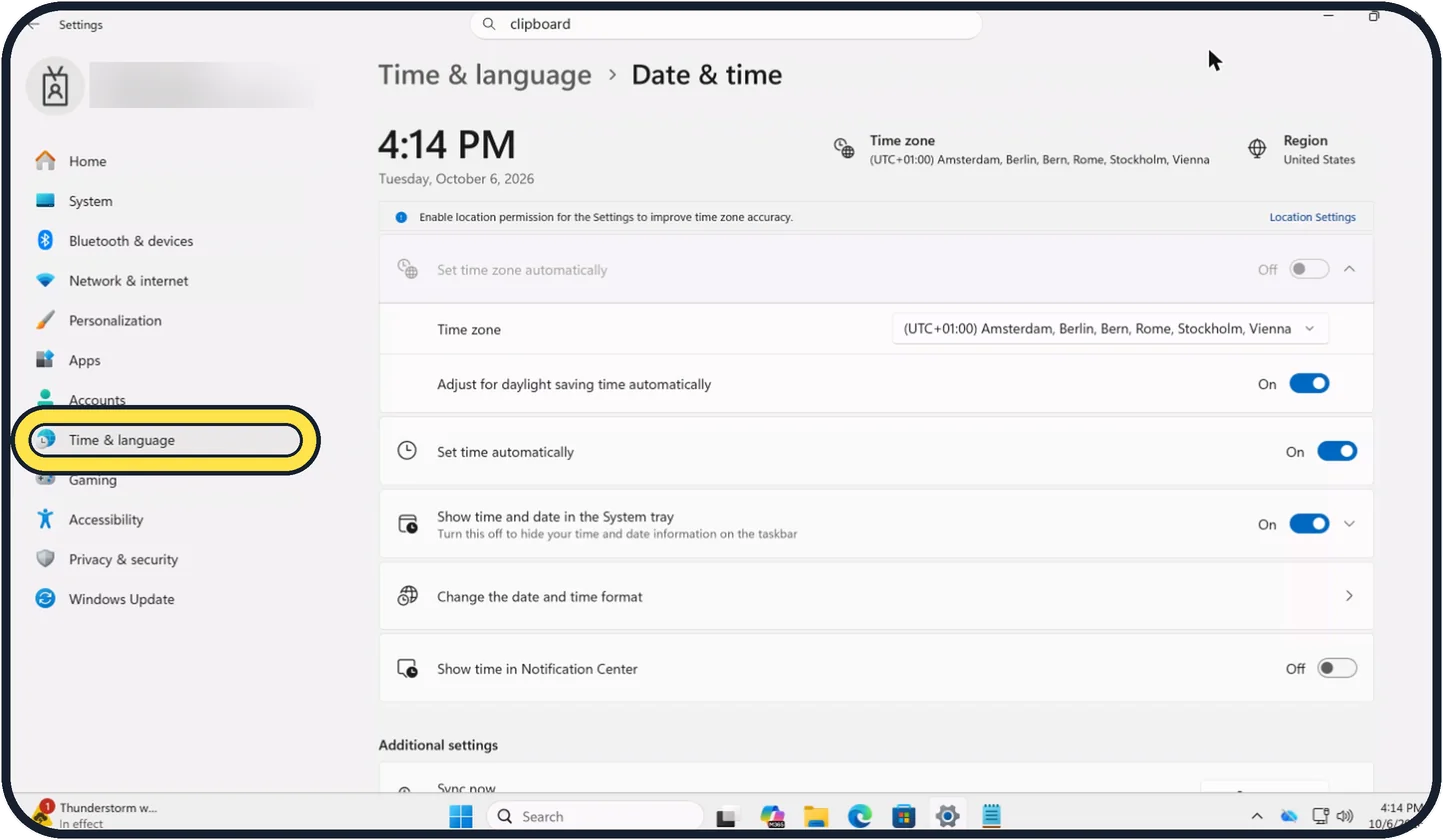 Screenshot from the guide: How to change the date, time and time zone on Windows 11